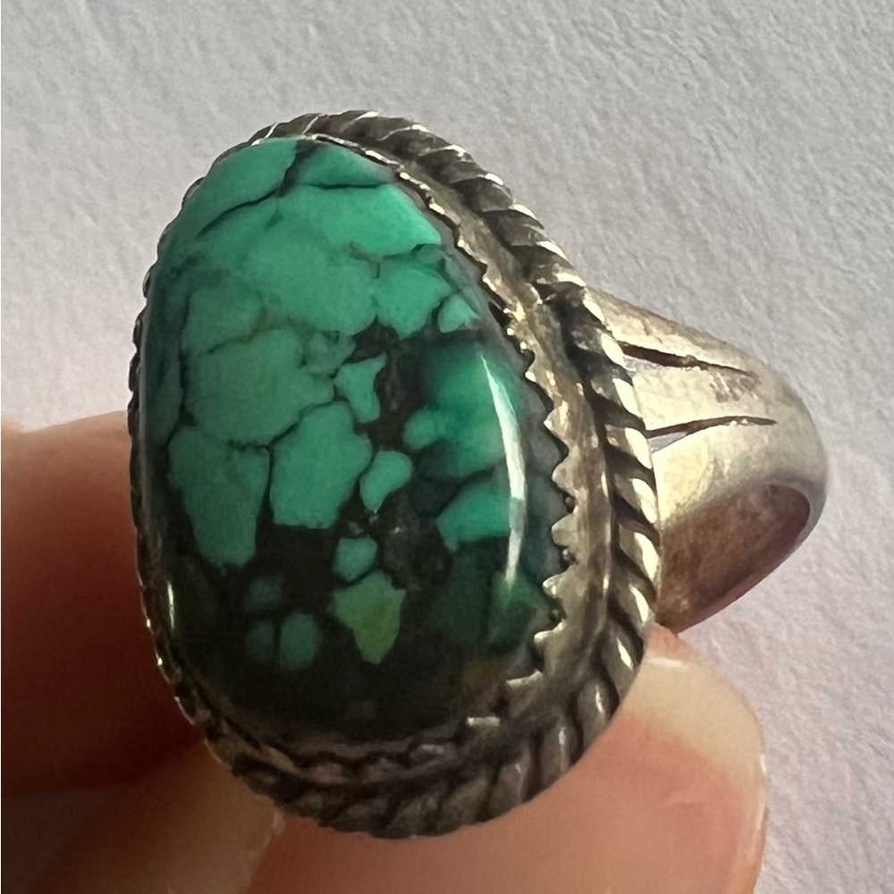 Vintage sterling silver spiderweb turquoise ring